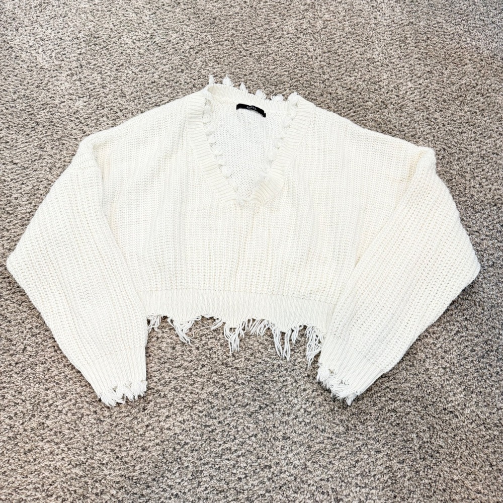 Zaful‎ Cream Distressed Cropped V-Neck Sweater Chunky Knit Long Sleeve Womens